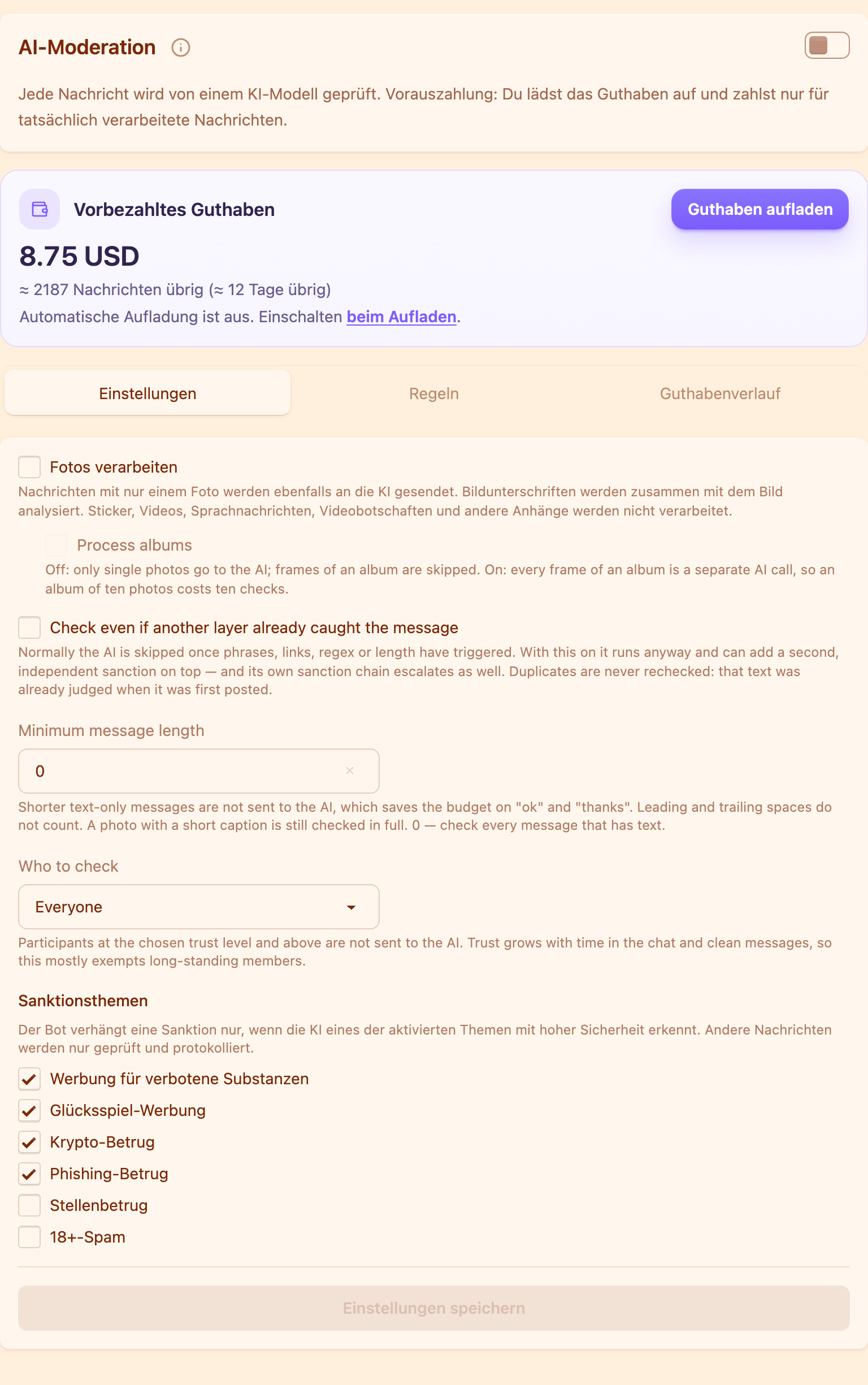 Guthaben und Einstellungen der KI-Moderation