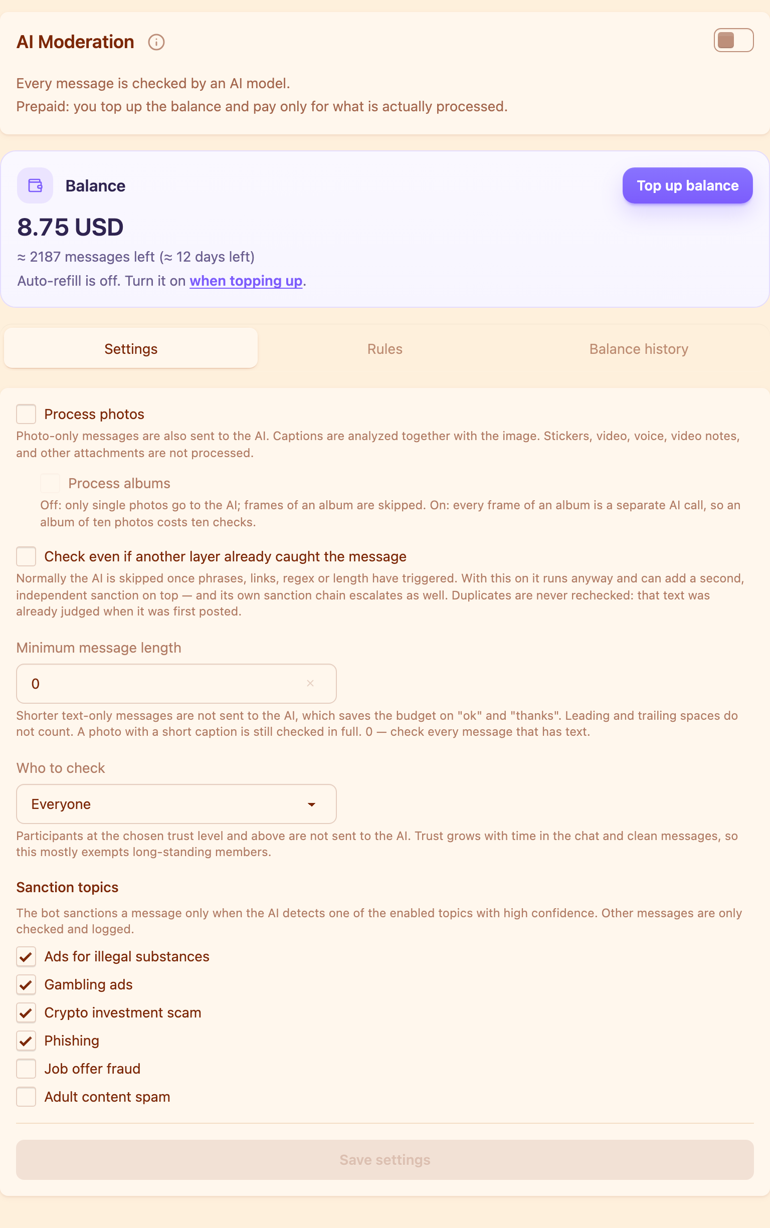 The balance and AI moderation settings
