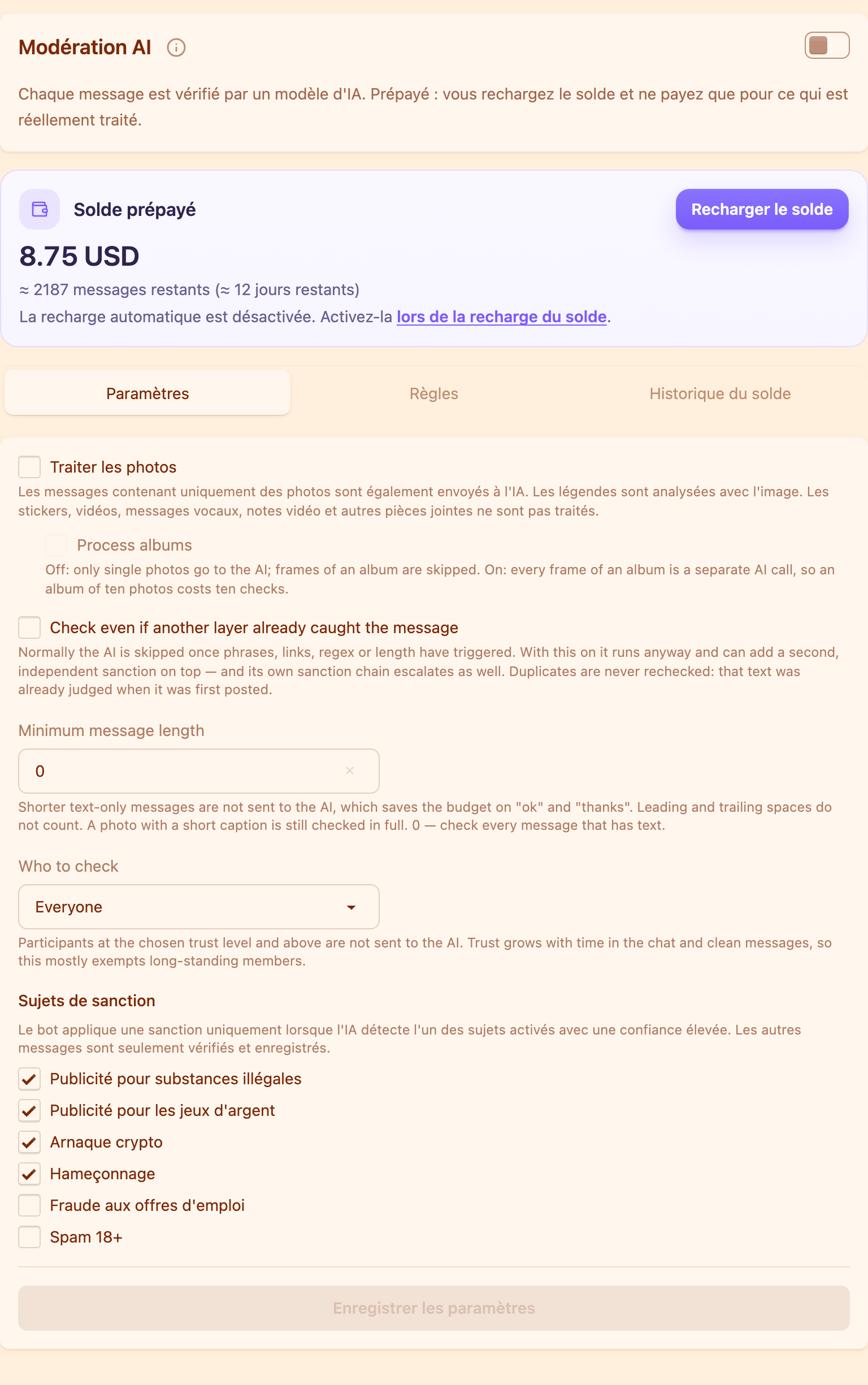 Solde et réglages de la modération par IA