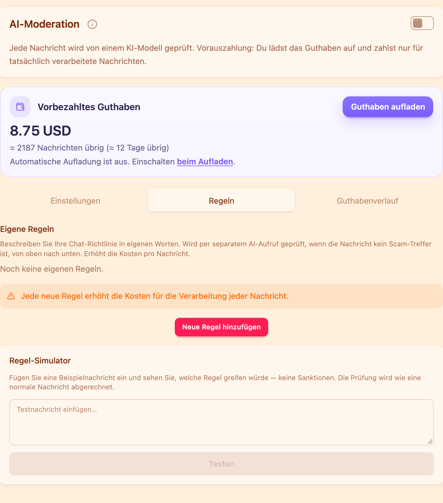 Die Karte der KI-Moderation mit dem Tab Regeln