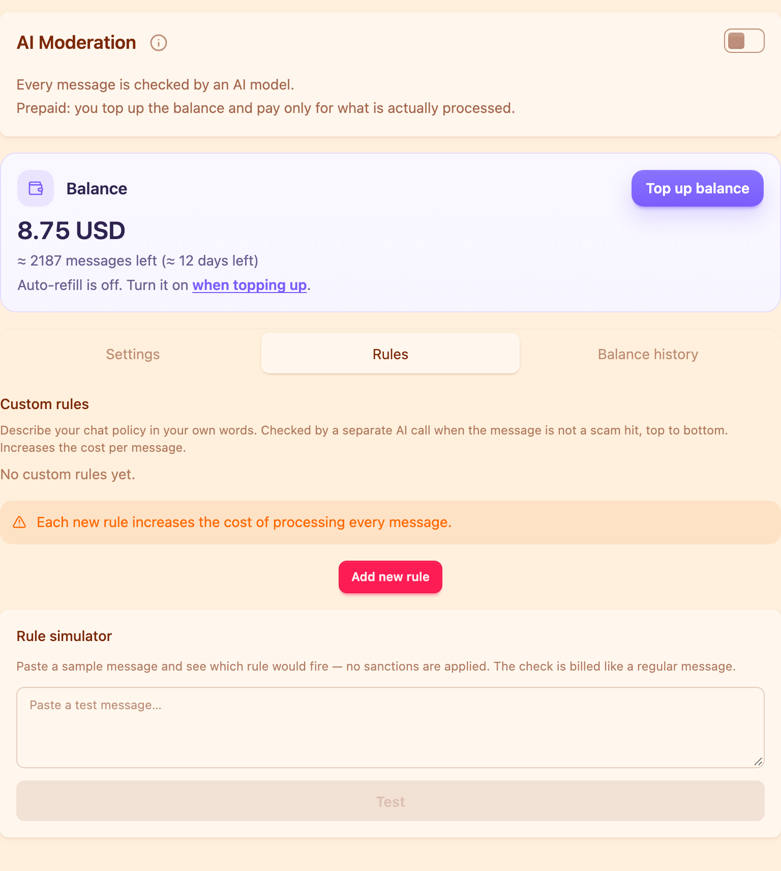 The AI moderation card with the Rules tab