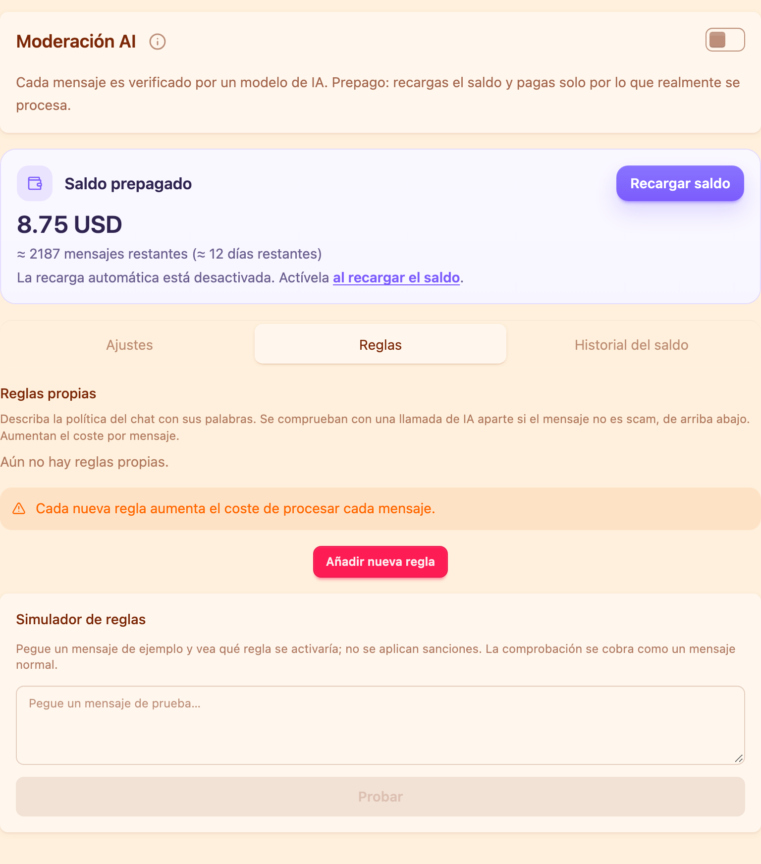 La tarjeta de moderación con IA con la pestaña Reglas