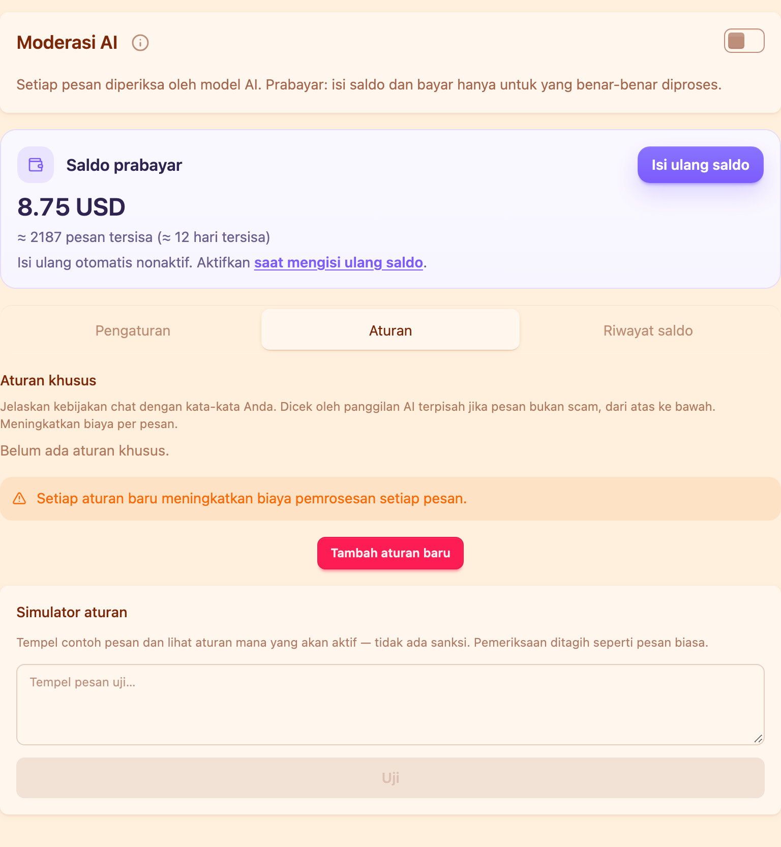 Kartu moderasi AI dengan tab Aturan