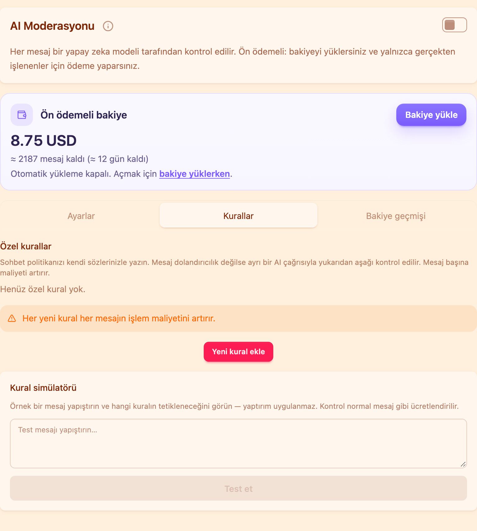 «Kurallar» sekmesiyle yapay zekâ moderasyonu kartı