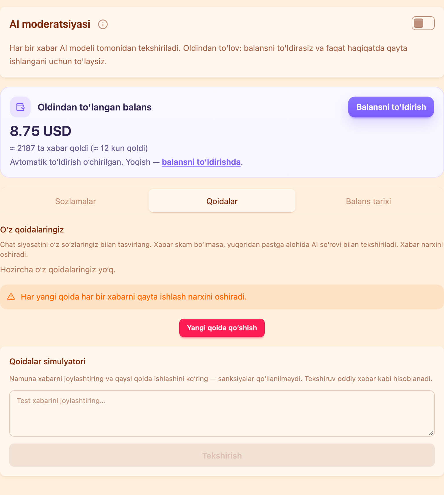 «Qoidalar» boʻlimi bor AI-moderatsiya kartasi