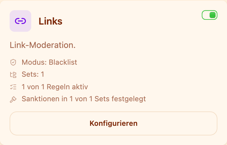 Die Karte „Links" im Bereich Moderation