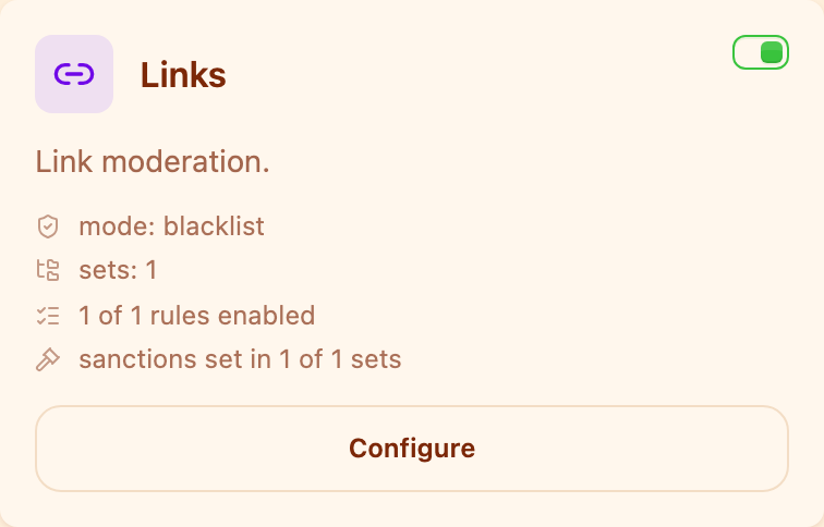 The "Links" card in the Moderation section