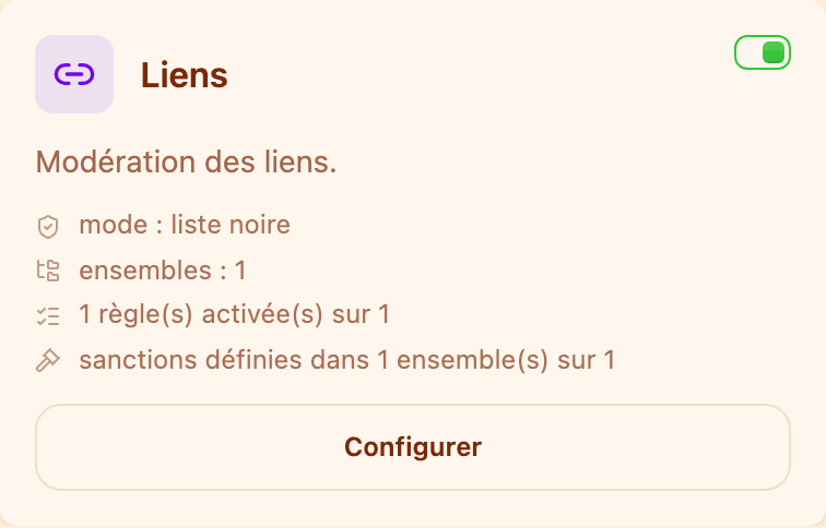 La carte « Liens » dans la section Modération