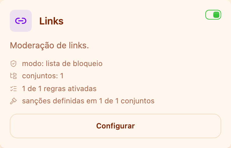 O cartão «Links» na seção Moderação