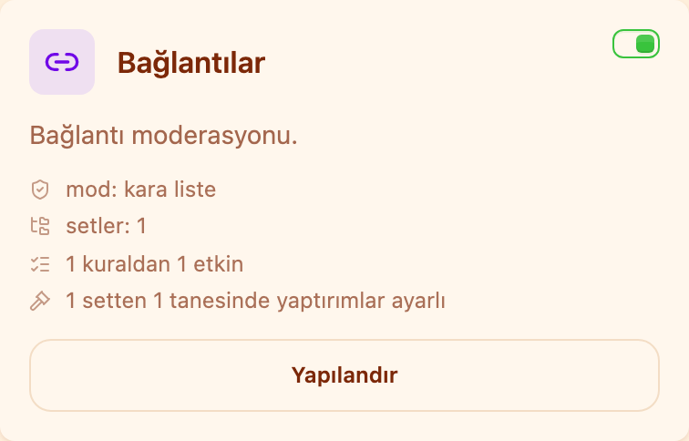 Moderasyon bölümündeki «Bağlantılar» kartı