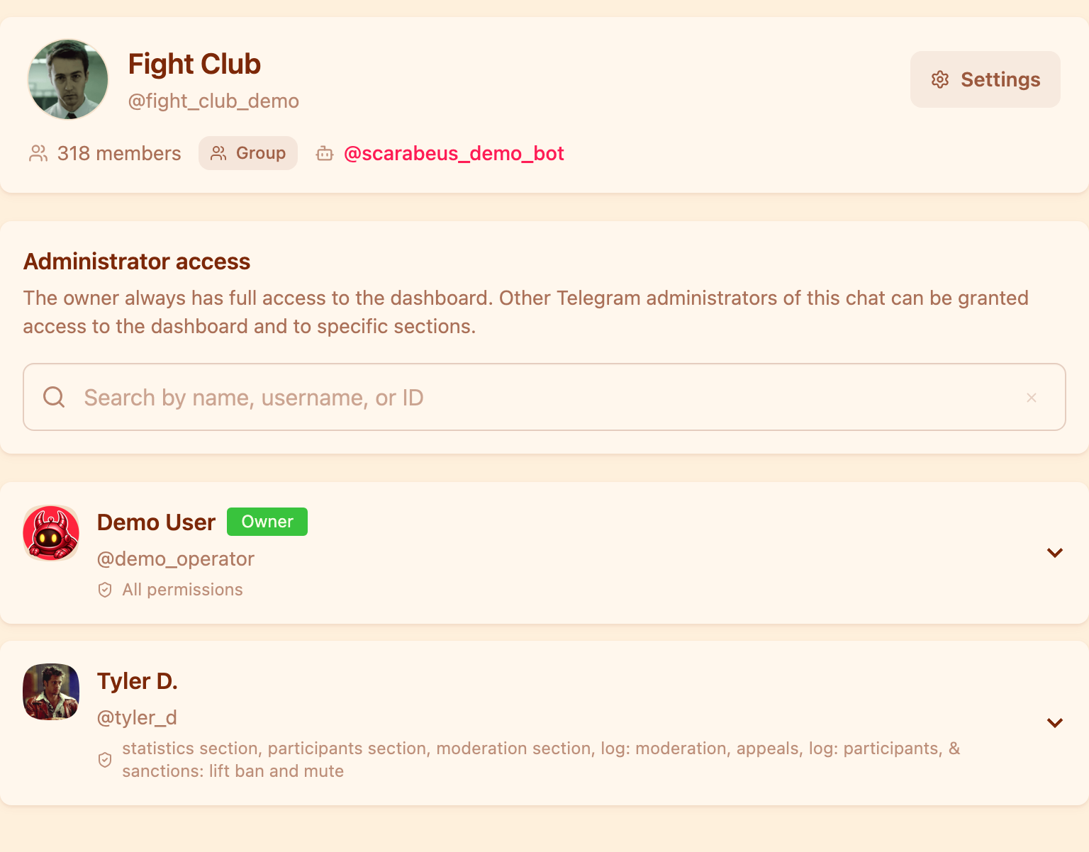 The Permissions section with the list of administrators