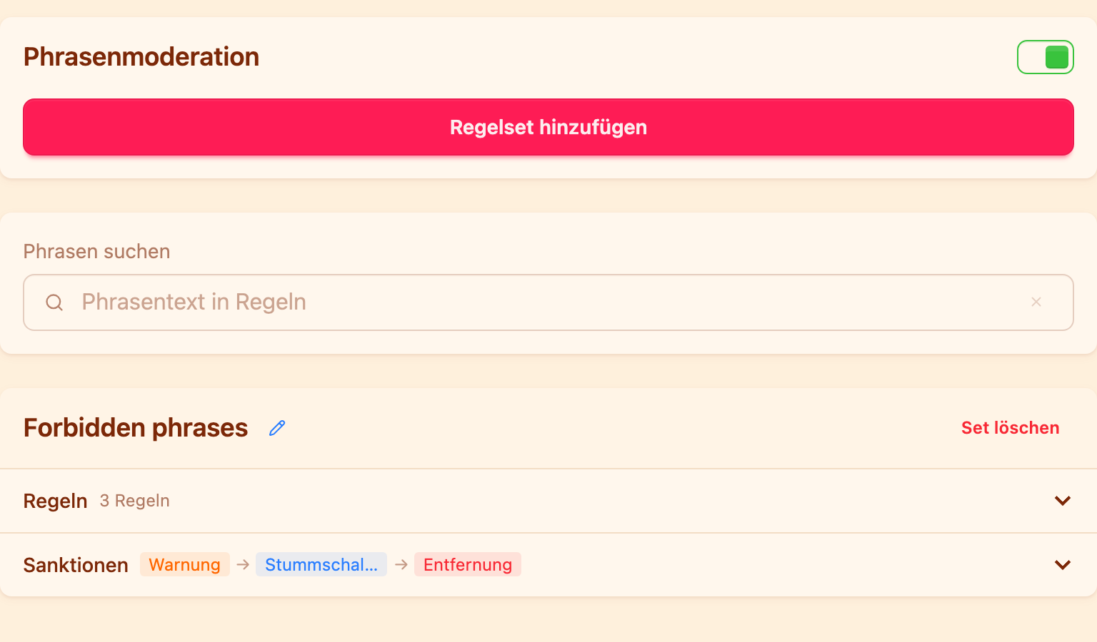 Sätze von Phrasenregeln im Dashboard