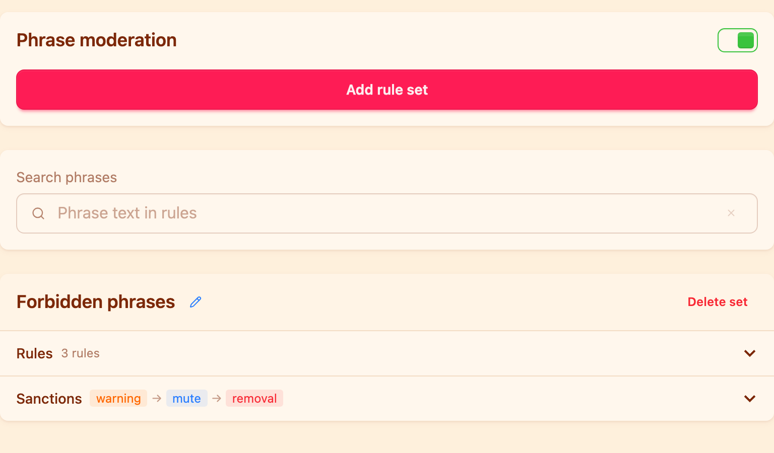 Phrase rule sets in the dashboard