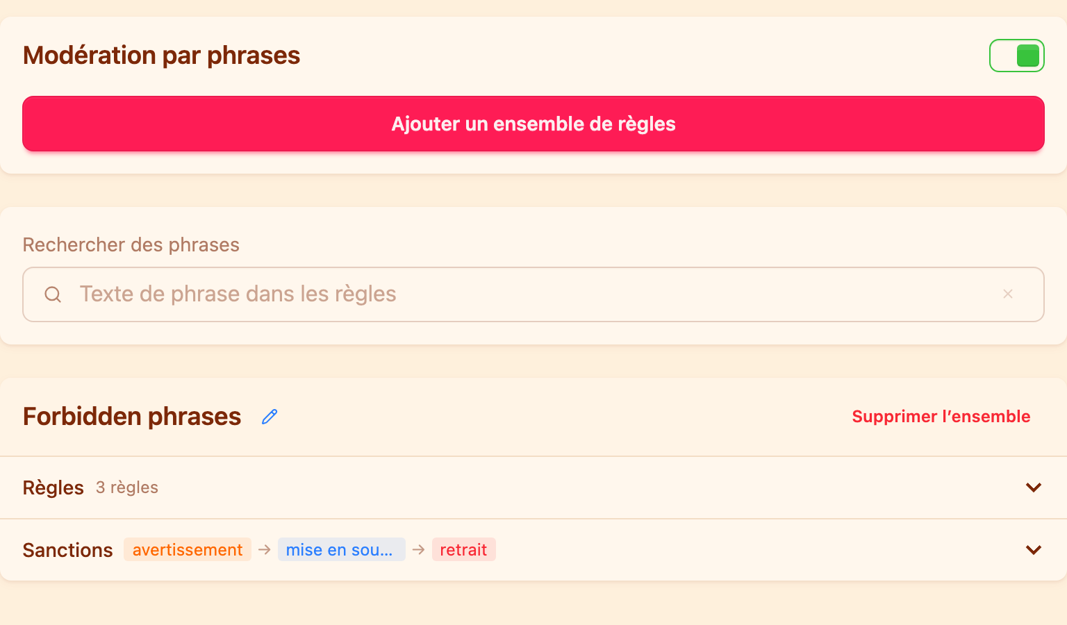 Ensembles de règles de phrases dans le tableau de bord