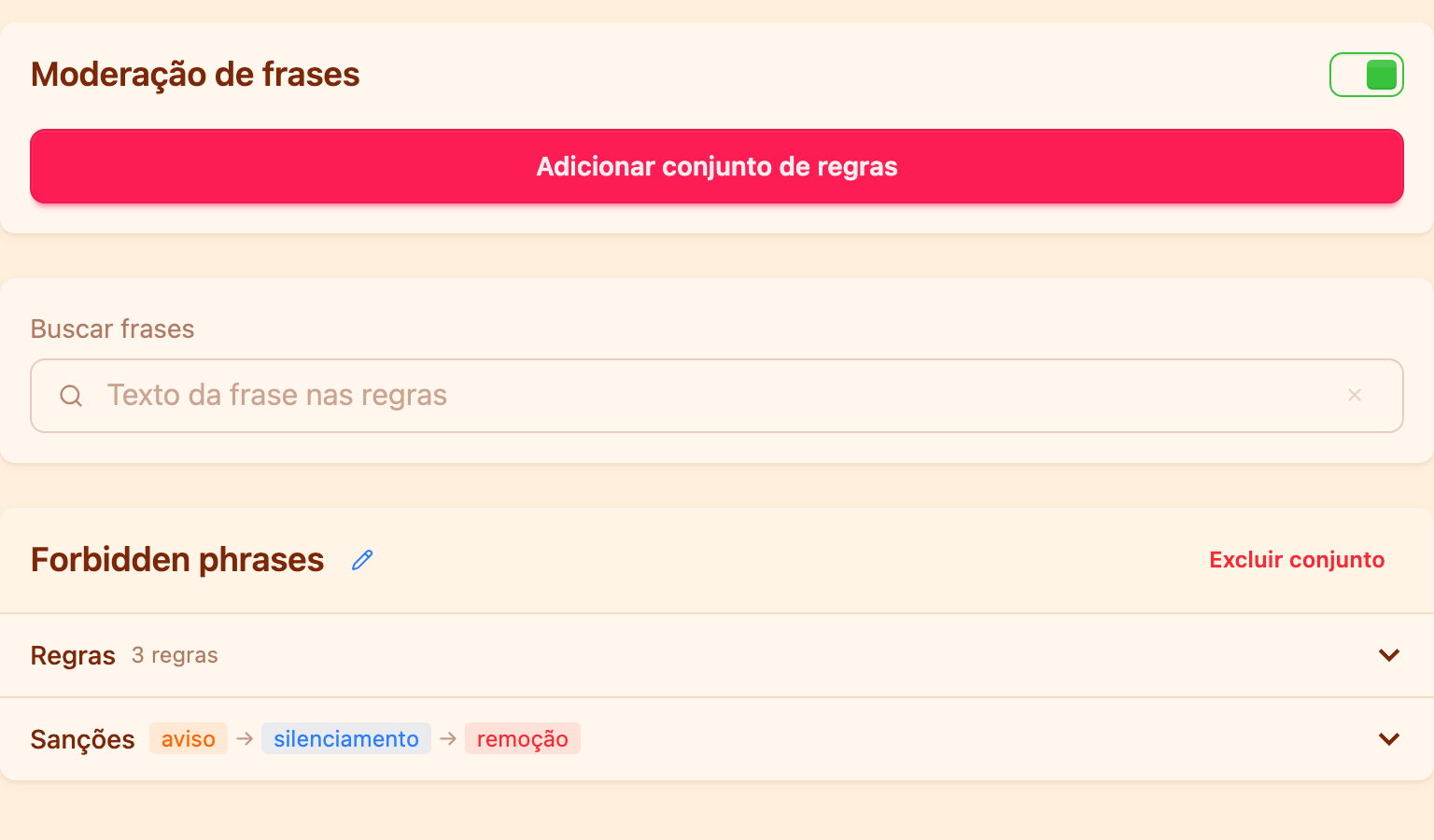 Conjuntos de regras de frases no painel