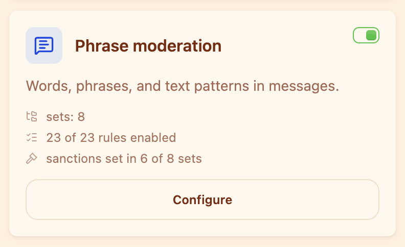 The “Phrase moderation” card in the Moderation section