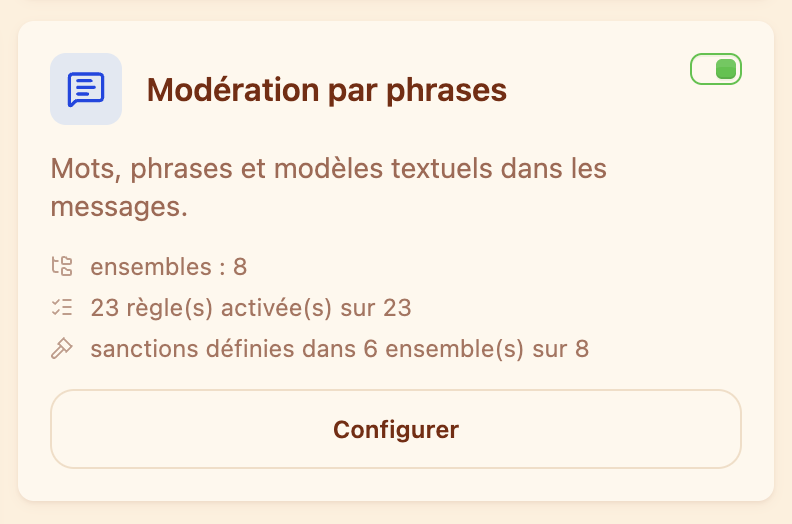 La carte « Modération par phrases » dans la section Modération