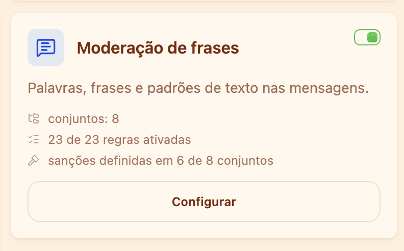 O cartão «Moderação de frases» na seção Moderação