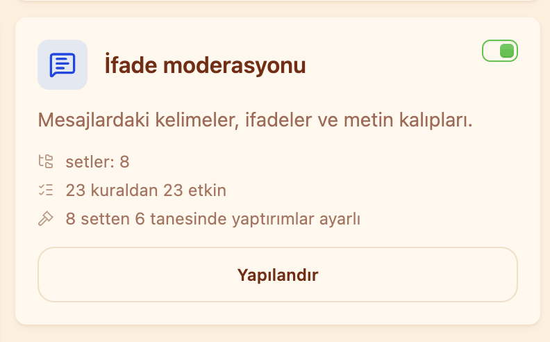 Moderasyon bölümündeki “İfade moderasyonu” kartı