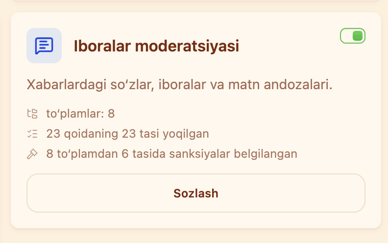 Moderatsiya bo‘limidagi “Iboralar moderatsiyasi” kartasi