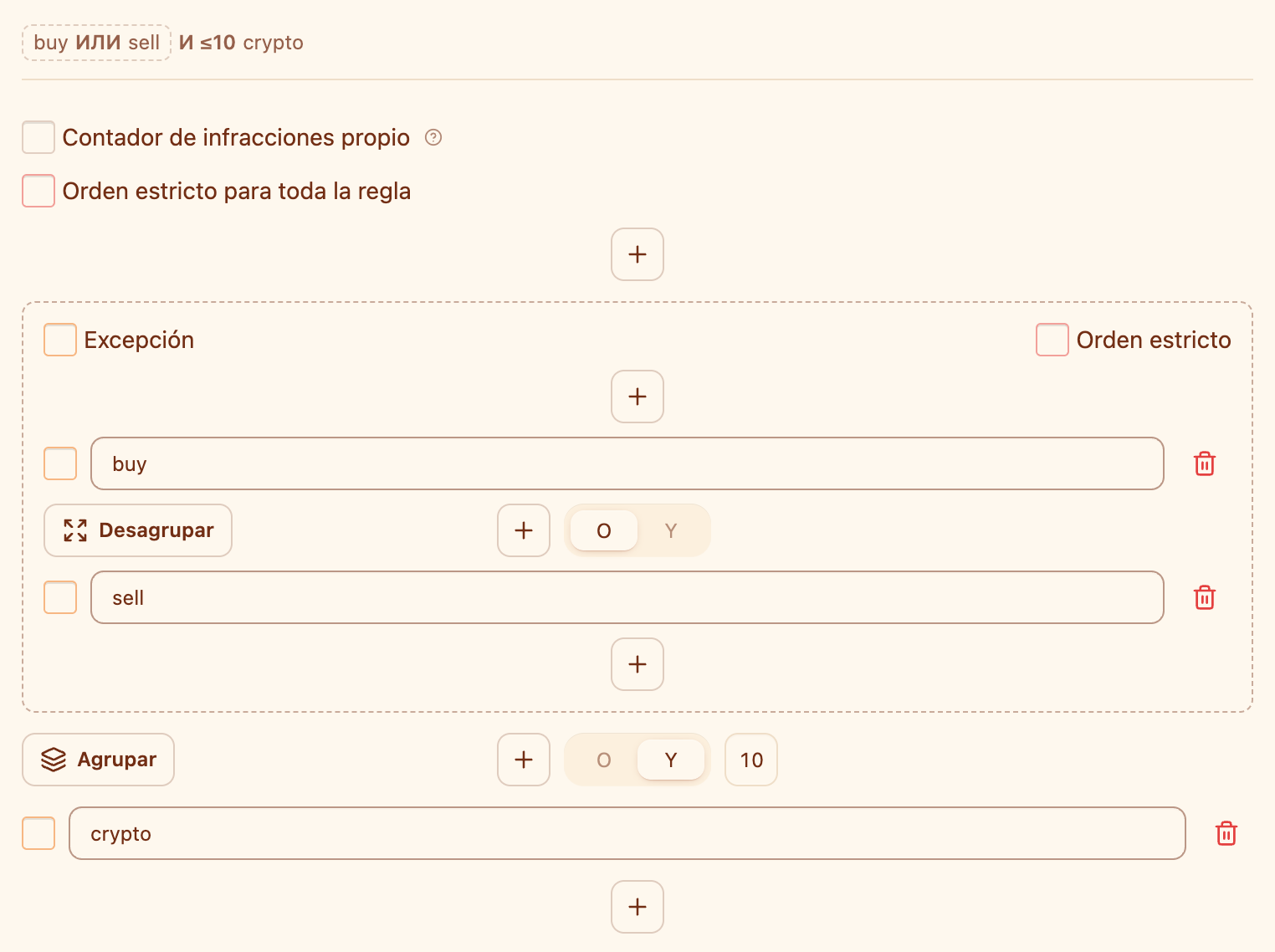 El editor de reglas: un grupo «buy O sell», un enlace Y con distancia 10 y la frase «crypto»