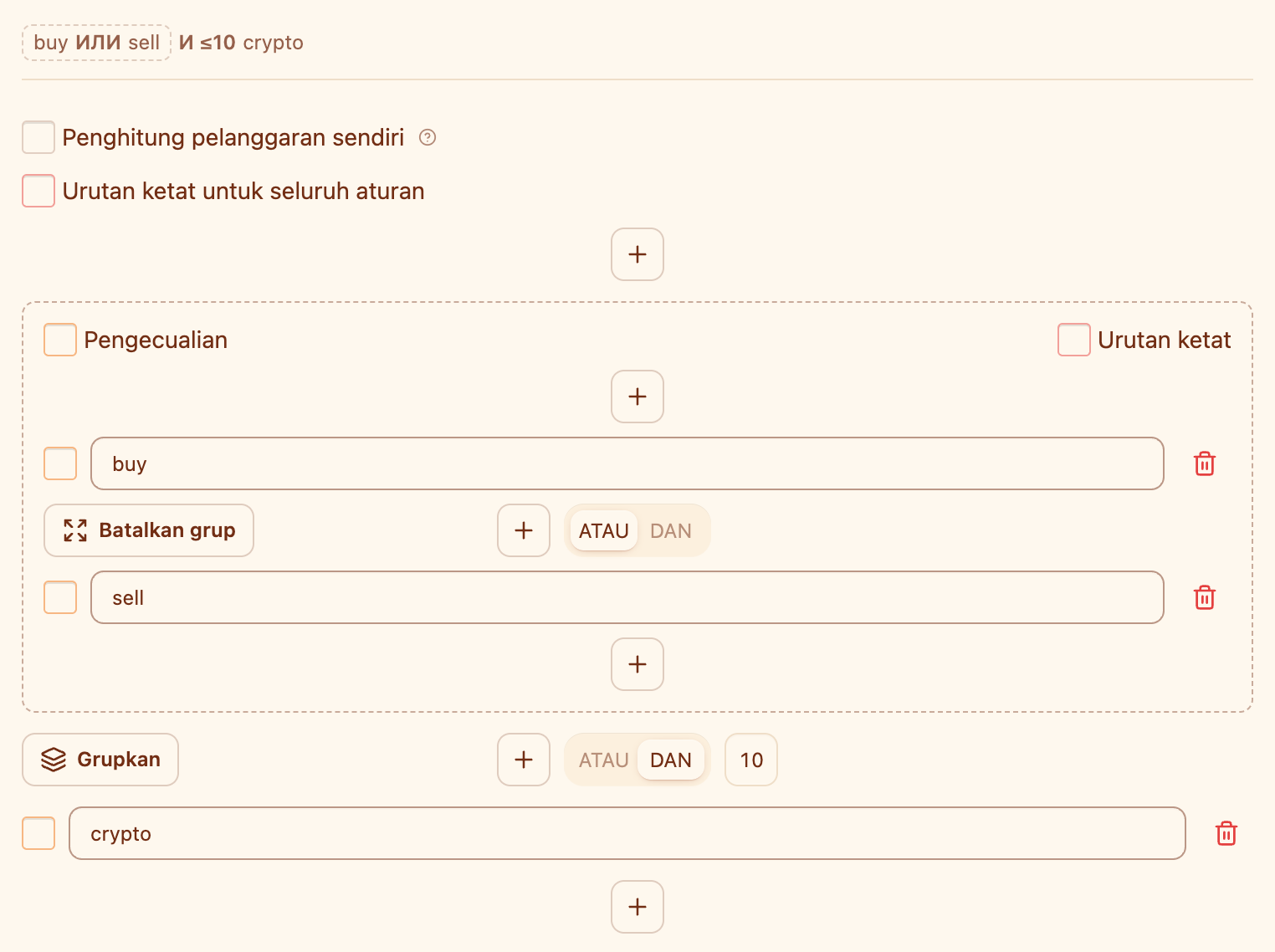 Editor aturan: grup “buy ATAU sell”, tautan DAN dengan jarak 10, dan frasa “crypto”