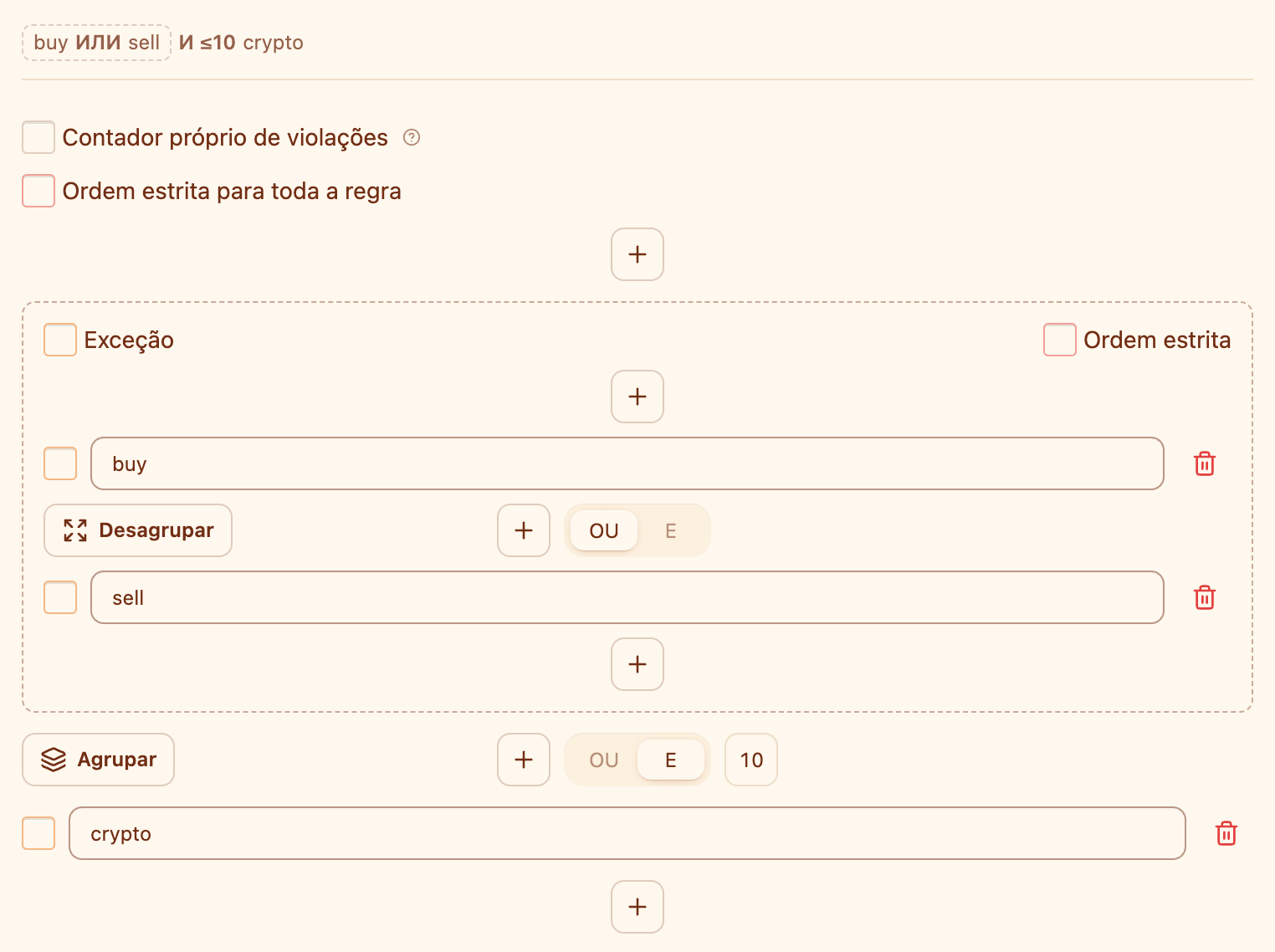 O editor de regras: um grupo «buy OU sell», uma ligação E com distância 10 e a frase «crypto»