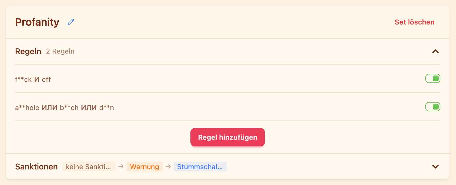 Der Satz „Profanity“: zwei Regeln und die Kette „keine Sanktion → Verwarnung → Mute“