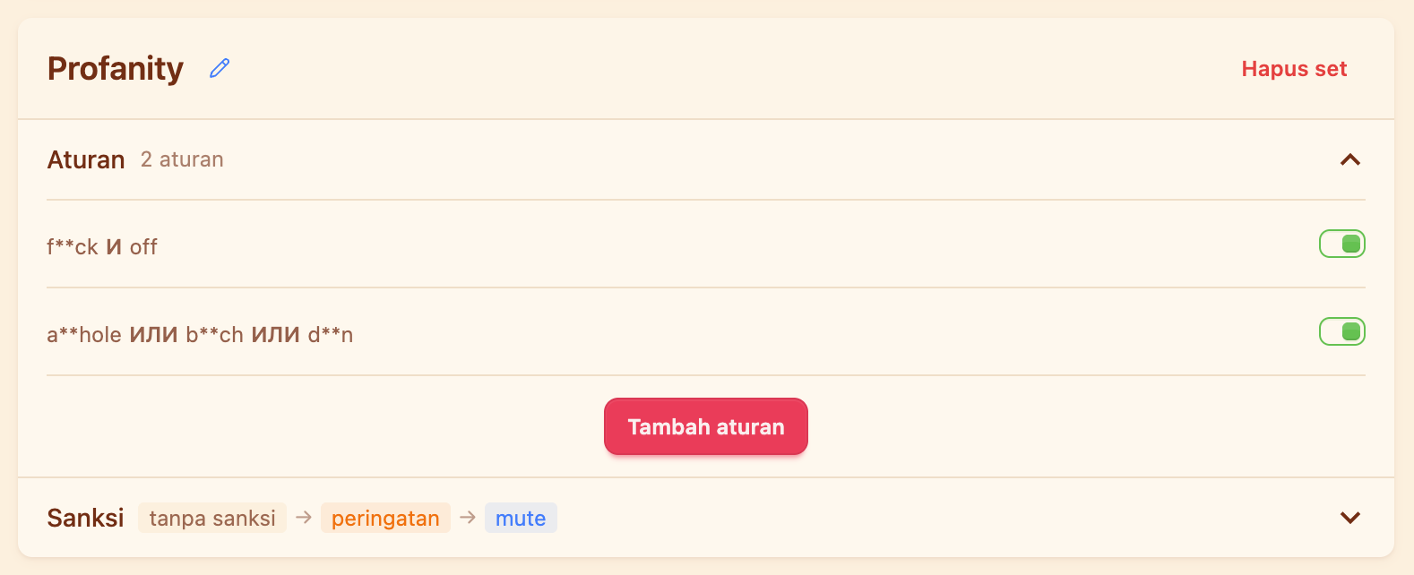 Kumpulan “Profanity”: dua aturan dan rantai “tanpa sanksi → peringatan → bisu”