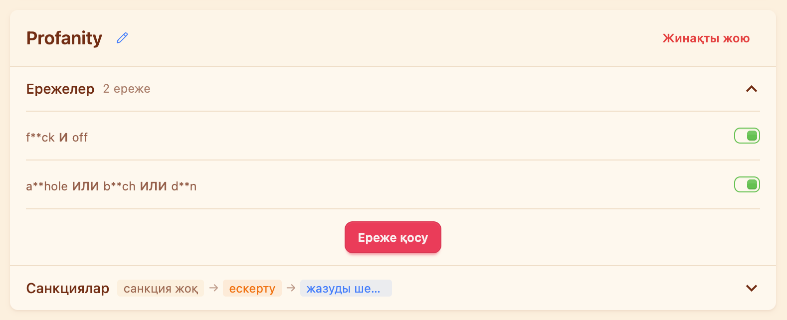 «Profanity» жиынтығы: екі ереже және «санкциясыз → ескерту → дауыссыз қалдыру» тізбегі