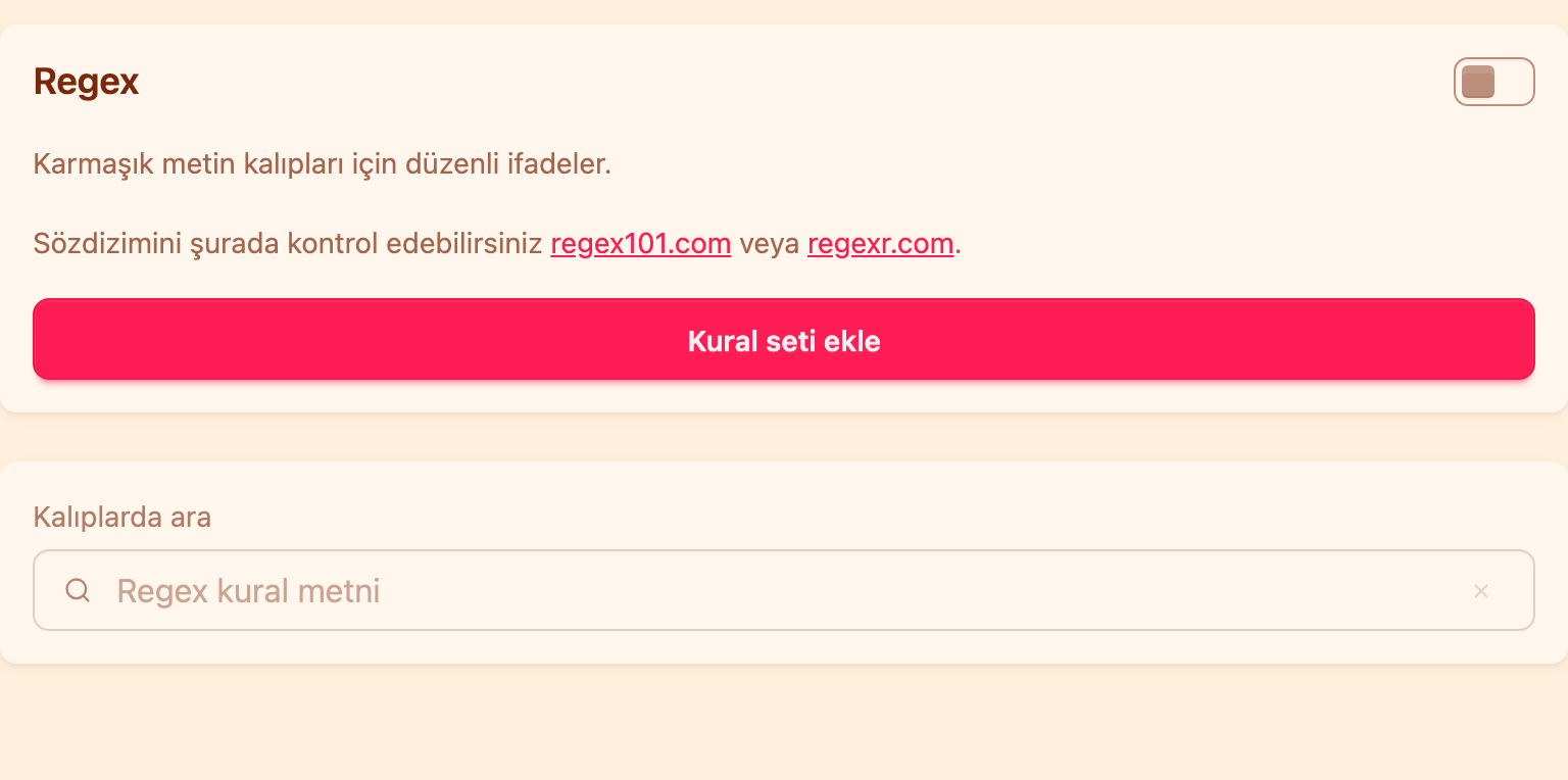 Moderasyon ayarlarındaki Regex bloğu