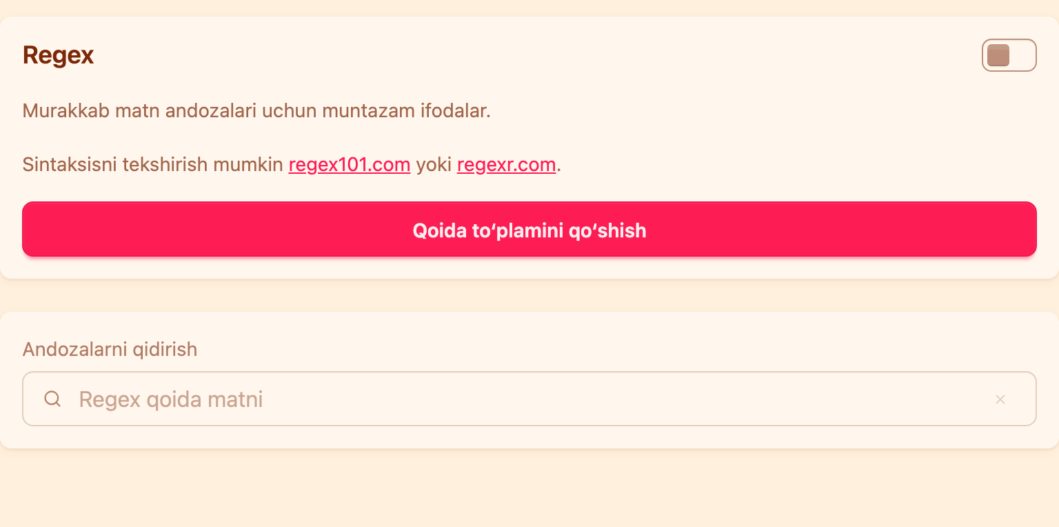 Moderatsiya sozlamalaridagi Regex bloki