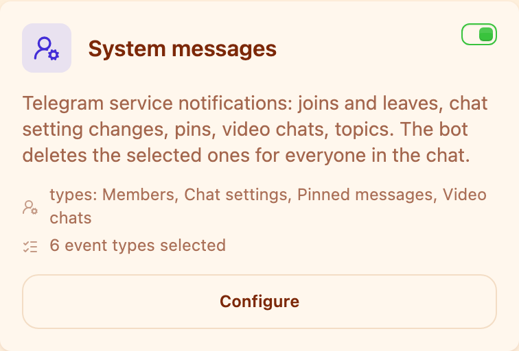 The "Service messages" card in the Moderation section