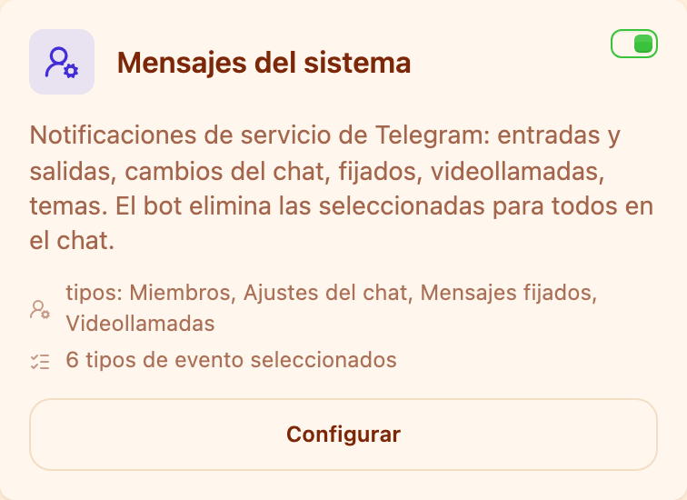 La tarjeta «Mensajes de servicio» en la sección Moderación