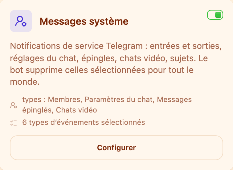 La carte « Messages de service » dans la section Modération