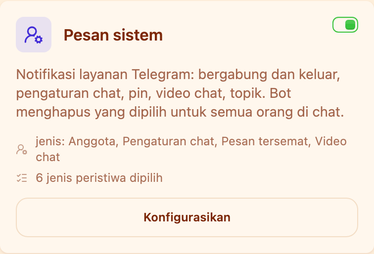 Kartu «Pesan layanan» di bagian Moderasi