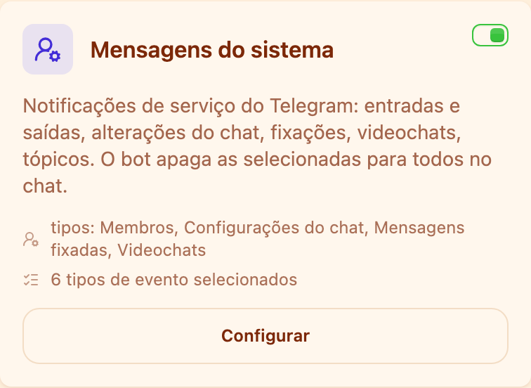 O cartão «Mensagens de serviço» na seção Moderação