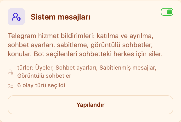 Moderasyon bölümündeki «Servis mesajları» kartı