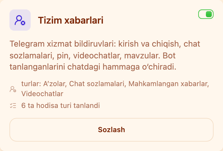 «Moderatsiya» boʻlimidagi «Xizmat xabarlari» kartasi