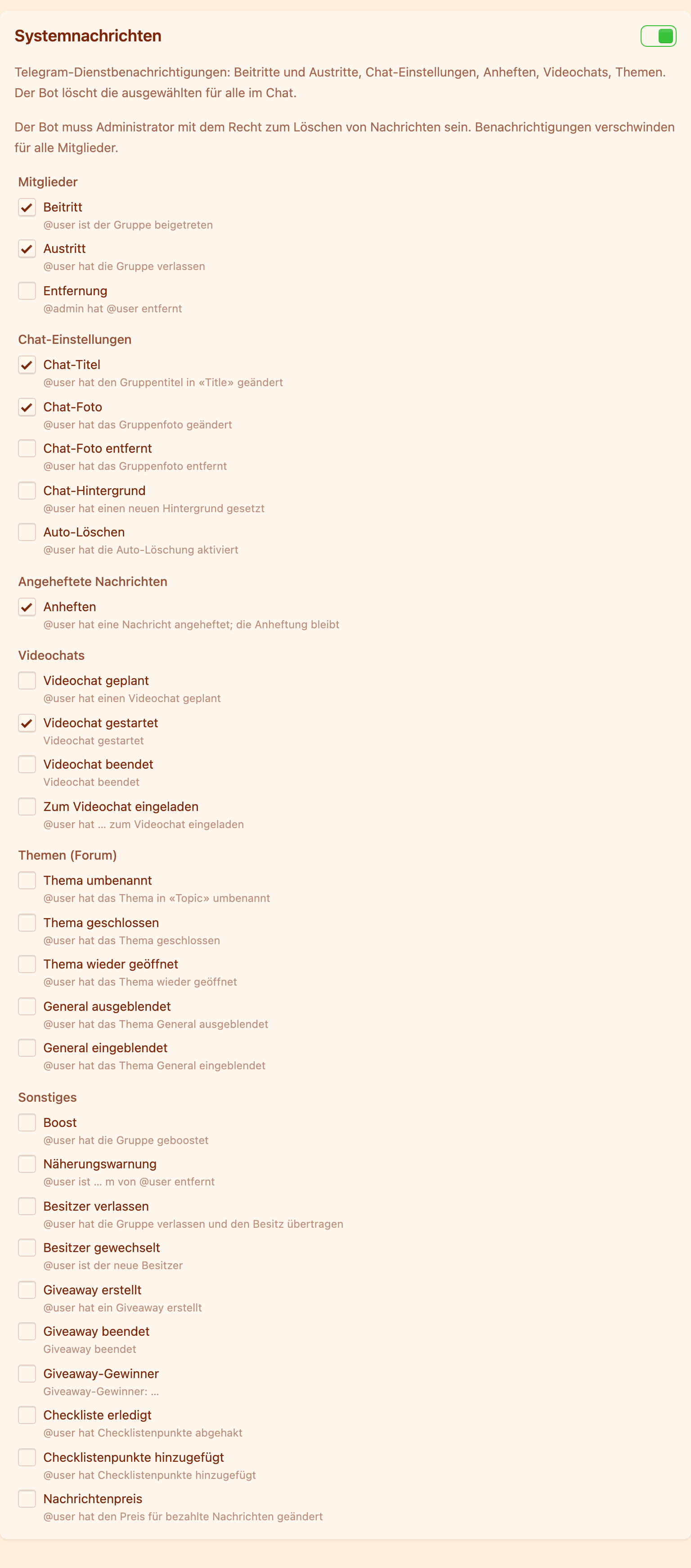 Liste der Typen von Dienstnachrichten mit Beispielen
