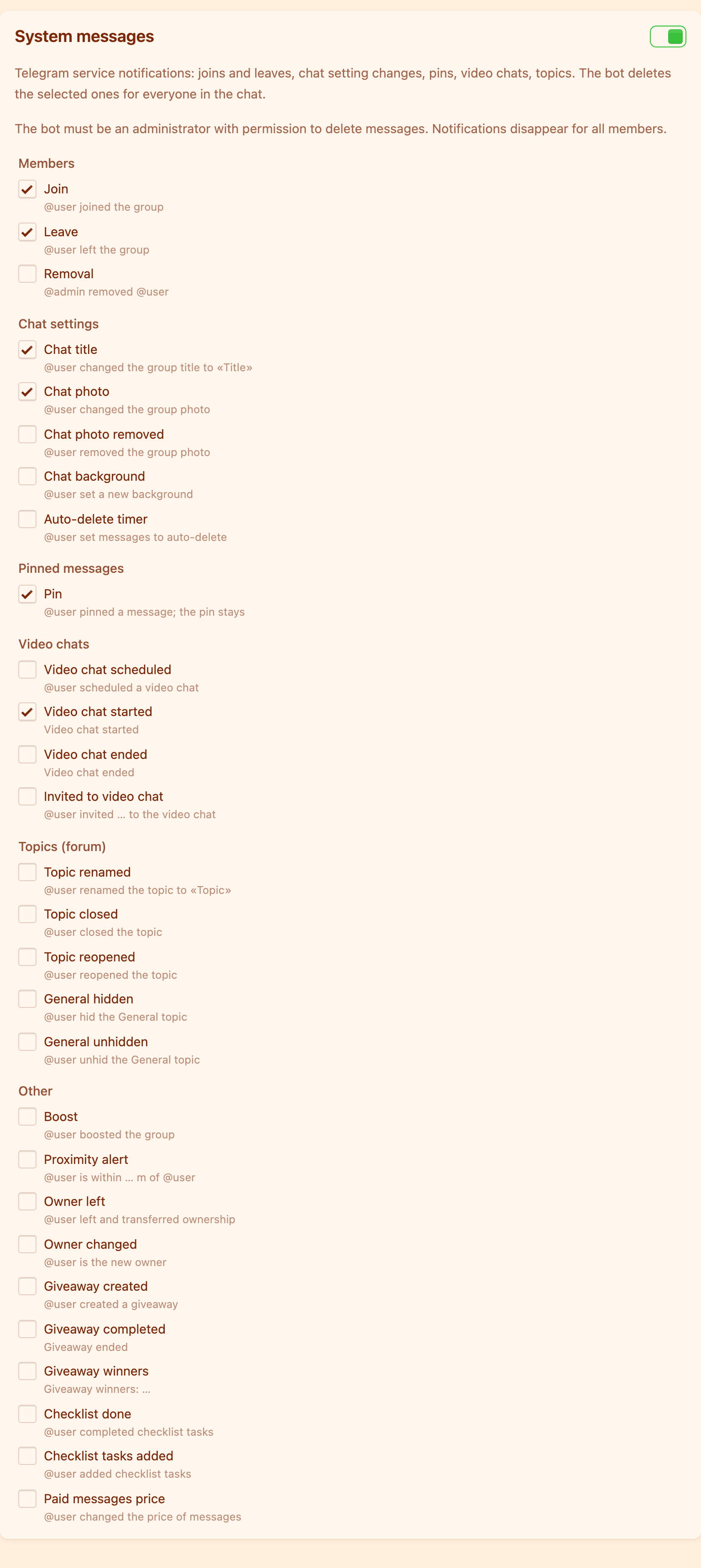 The list of service message types with examples