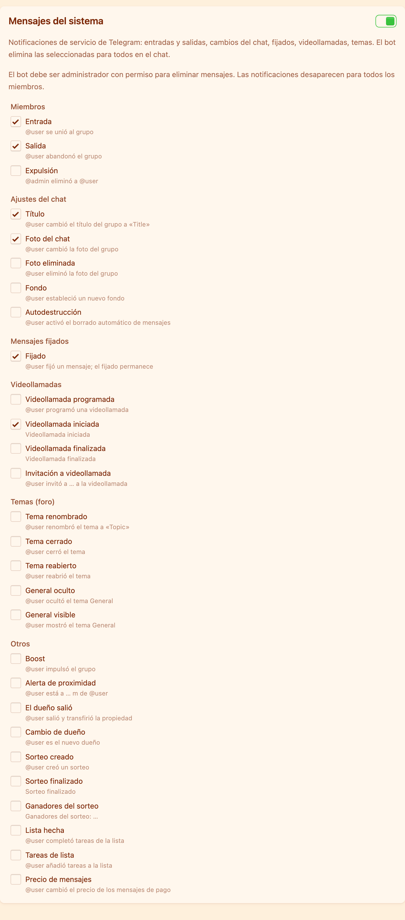 Lista de tipos de mensajes de servicio con ejemplos