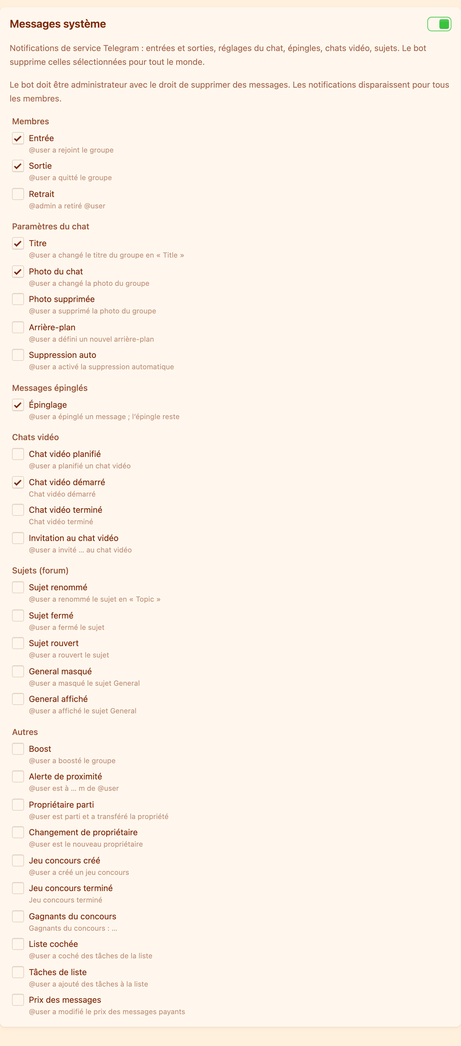 Liste des types de messages de service avec des exemples