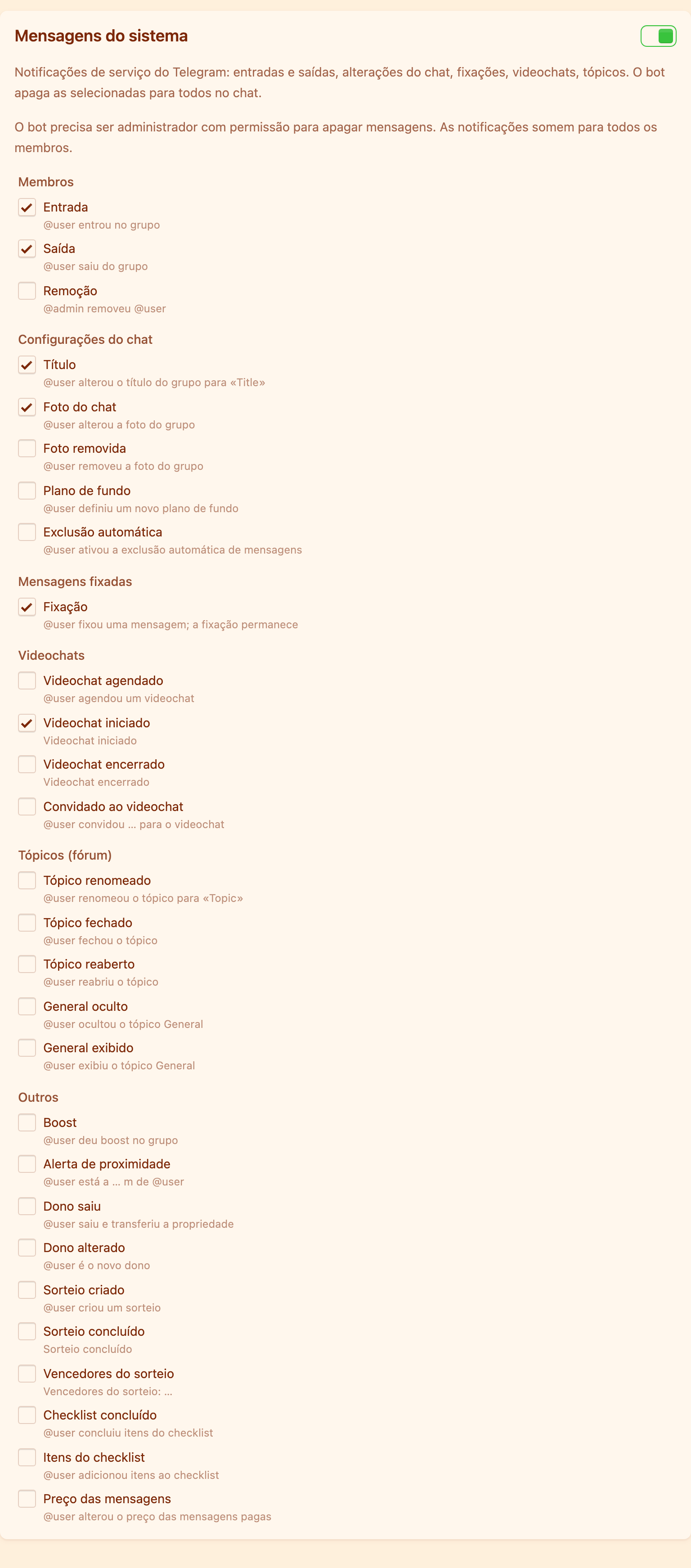 Lista dos tipos de mensagens de serviço com exemplos