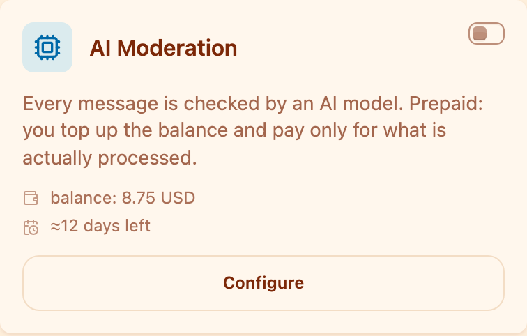The "AI Moderation" card in the Moderation section
