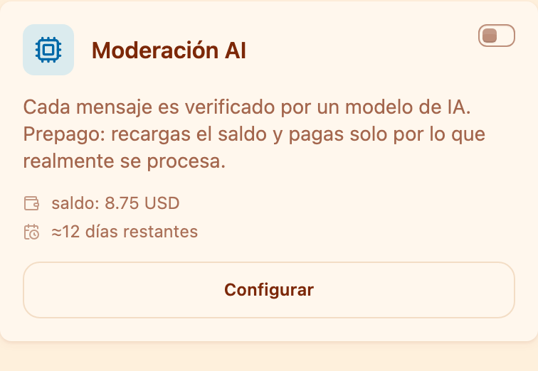 La tarjeta «Moderación AI» en la sección Moderación