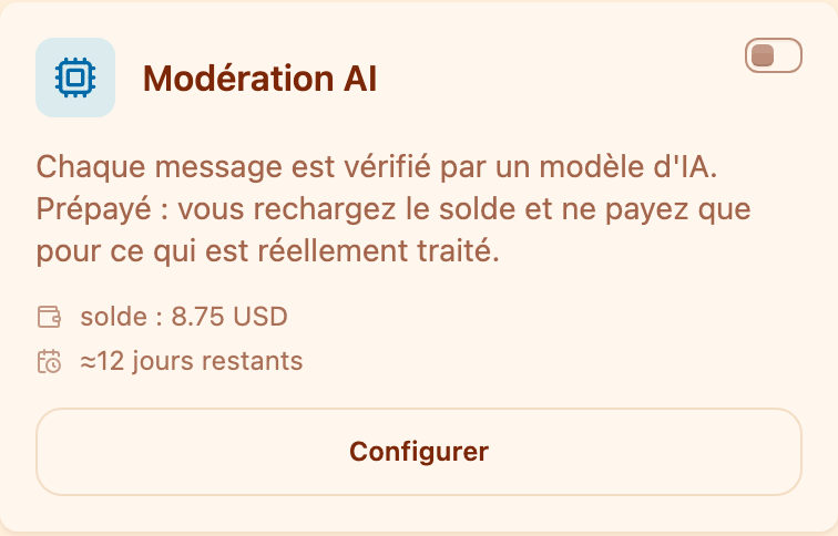 La carte « Modération AI » dans la section Modération