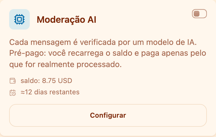 O cartão «Moderação AI» na seção Moderação
