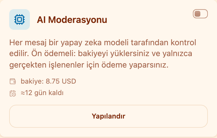 Moderasyon bölümündeki «AI Moderasyonu» kartı