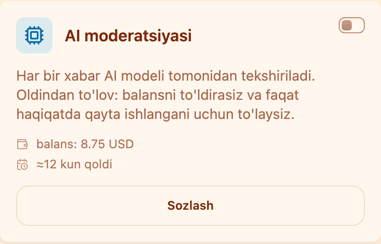 «Moderatsiya» boʻlimidagi «AI moderatsiyasi» kartasi